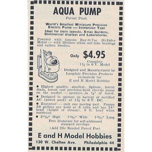 E and H Model Hobbies Vintage Print Ad 1954 Original Aqua Pump Philadelphia